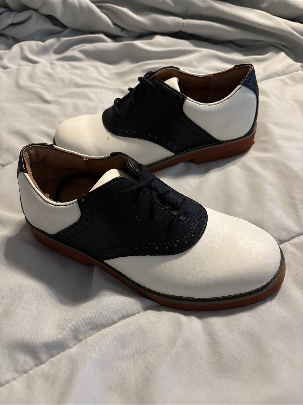 School Issue Two-Tone Kids Saddle Shoes in White and Black with Brown Sole